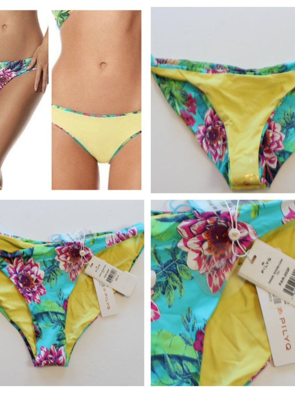 PilyQ Paradise Reversible Swim Bikini Bottom Floral Blue Yellow Medium NWT